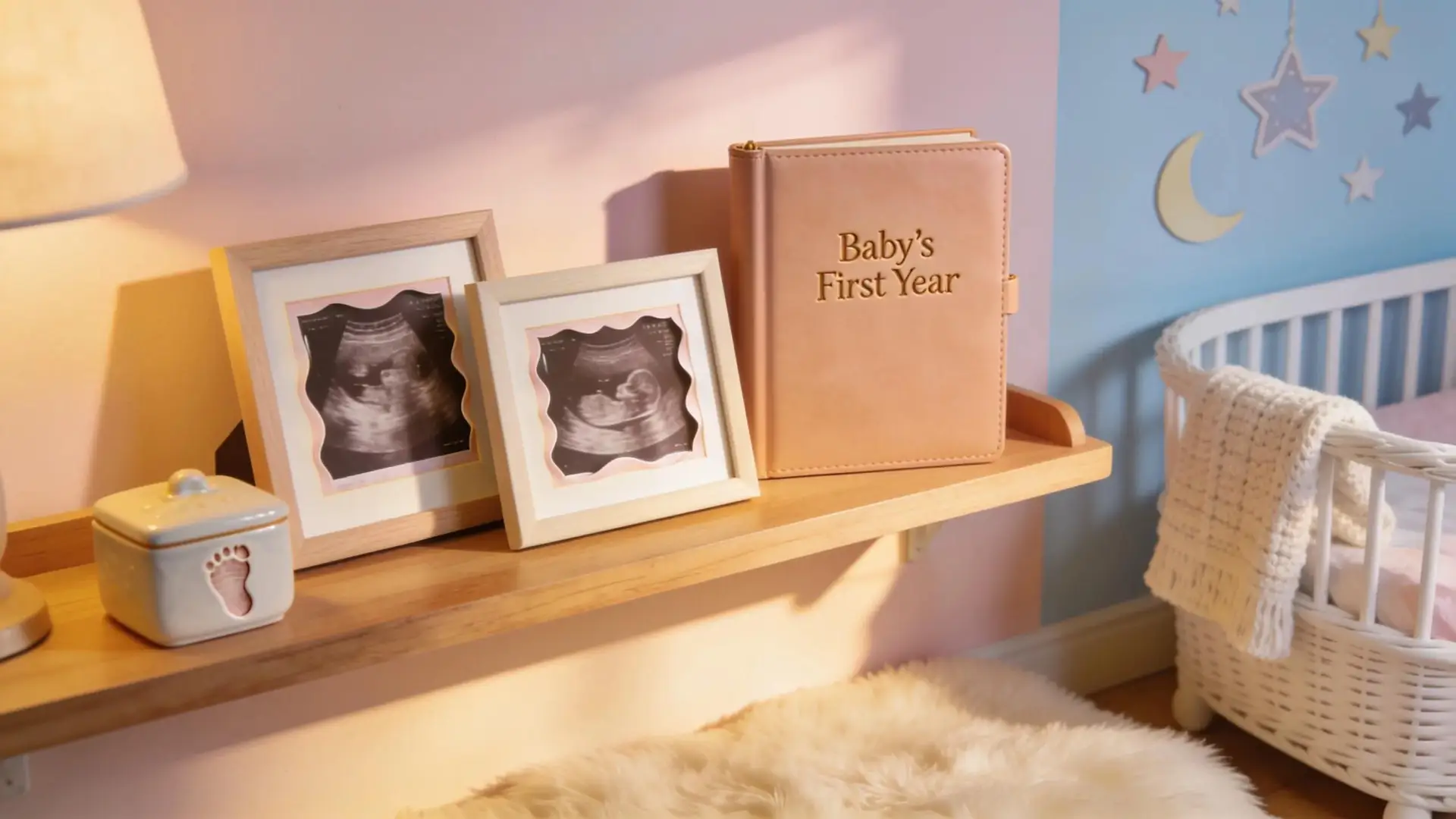Ultrasound keepsake frames and baby's first year album on shelf, celebrating cherished memories