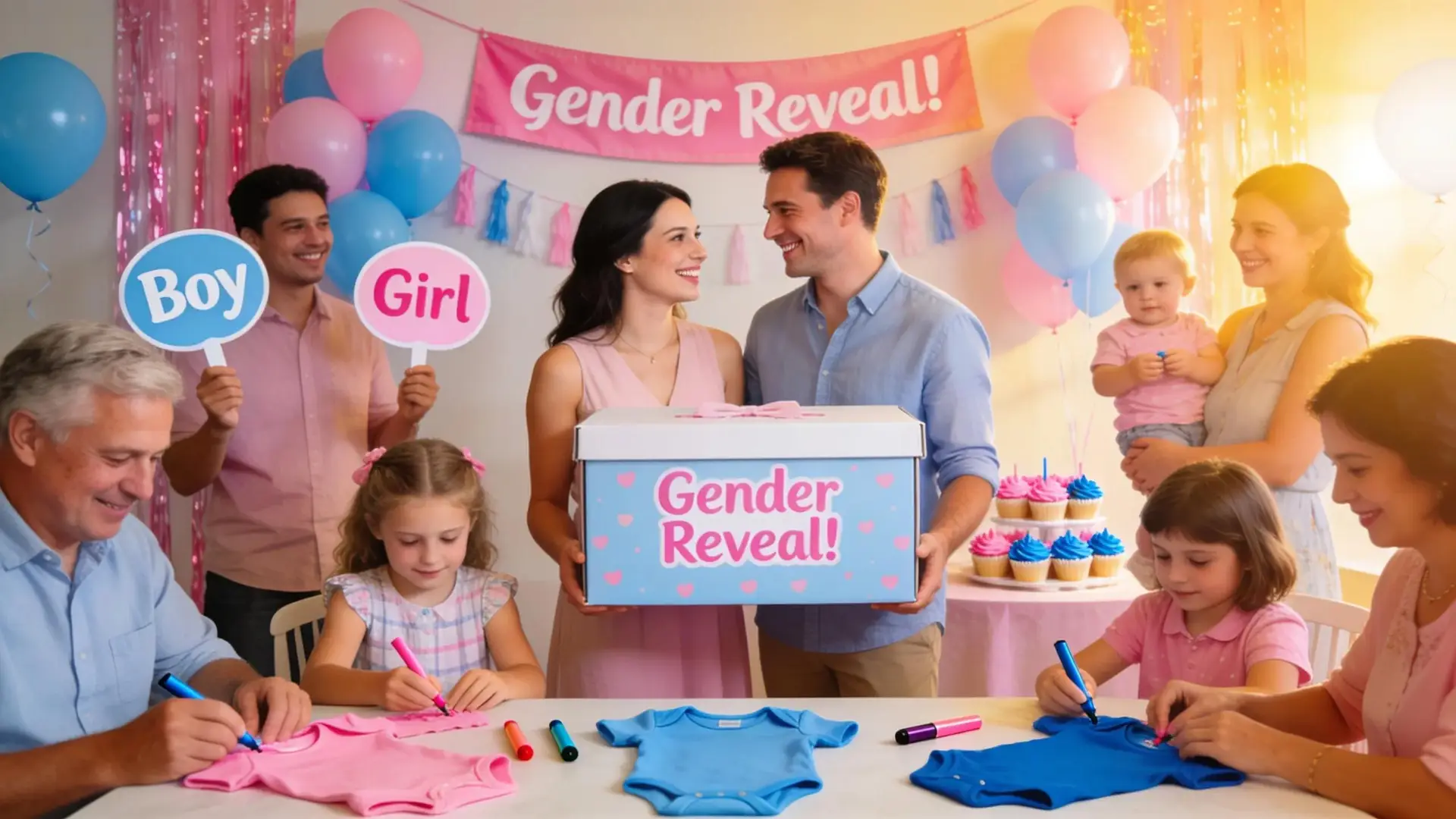 Family members enjoying bonding activities at a gender reveal party with festive decorations