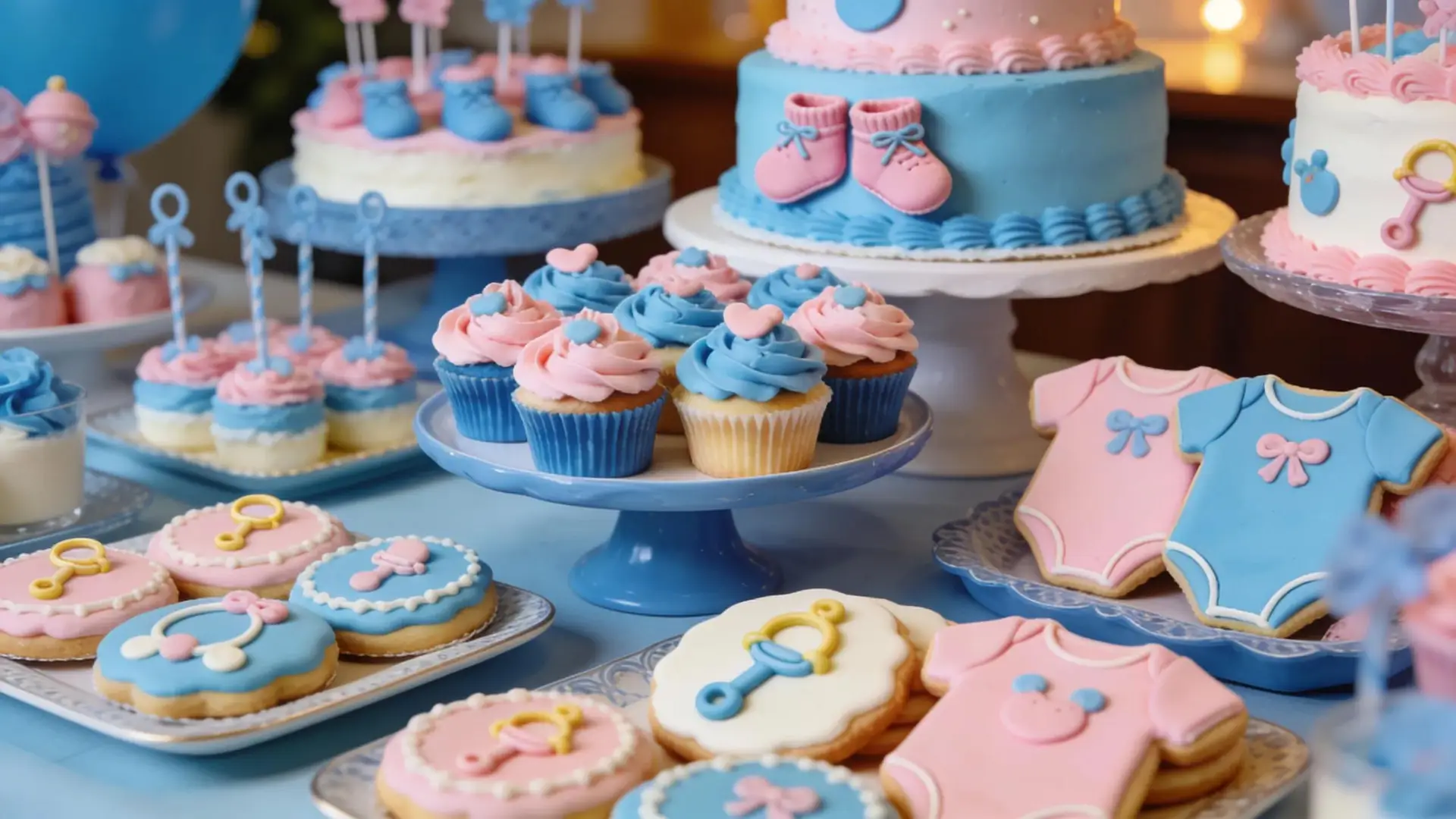 Variety of colorful custom gender reveal bakery treats displayed on a festive dessert table