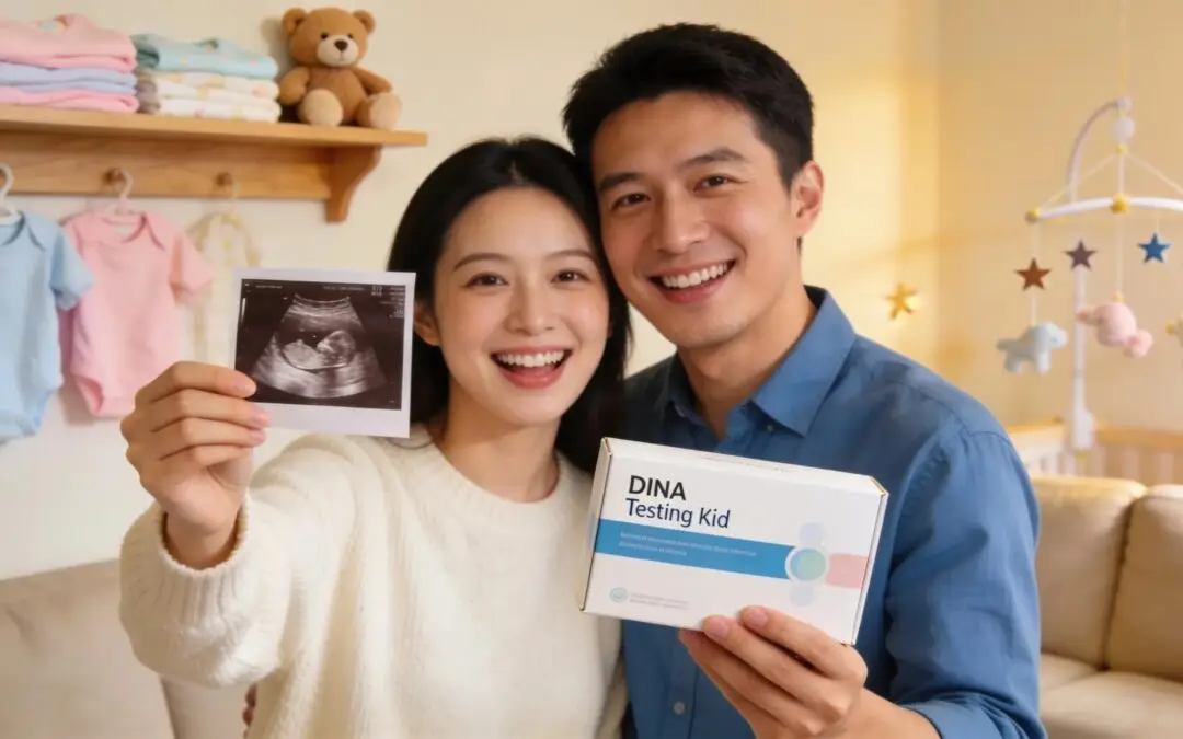 Expectant parents smiling and holding ultrasound image and Dina Testing Kid kit, celebrating gender reveal