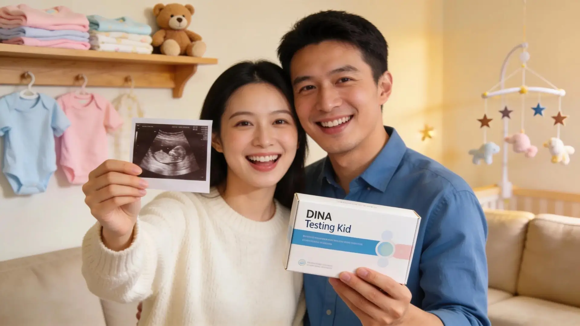Expecting parents holding ultrasound image and DNA testing kit for early gender determination in Pearland.