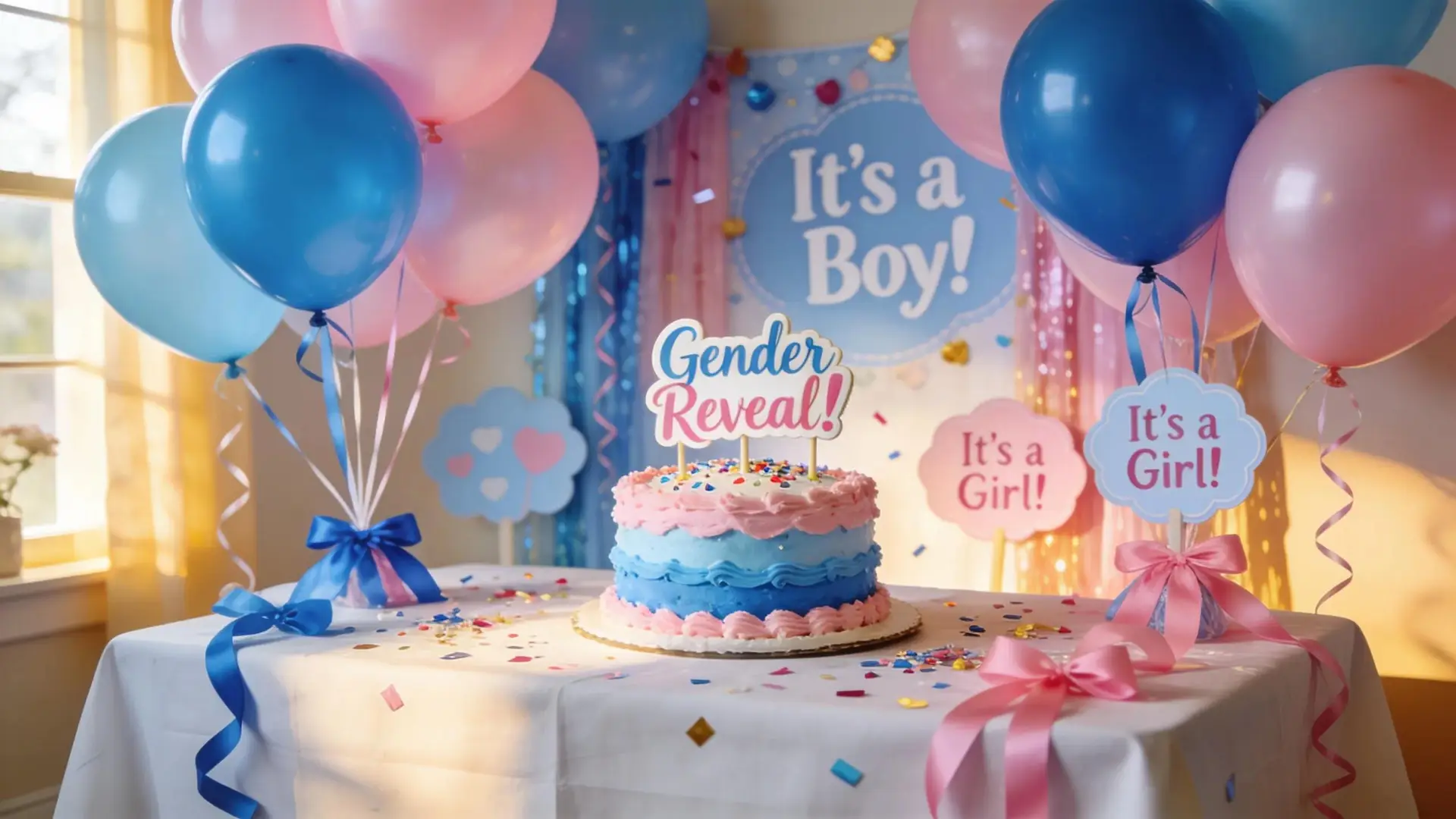 Colorful gender reveal party setup with balloons and a cake, showcasing celebration atmosphere
