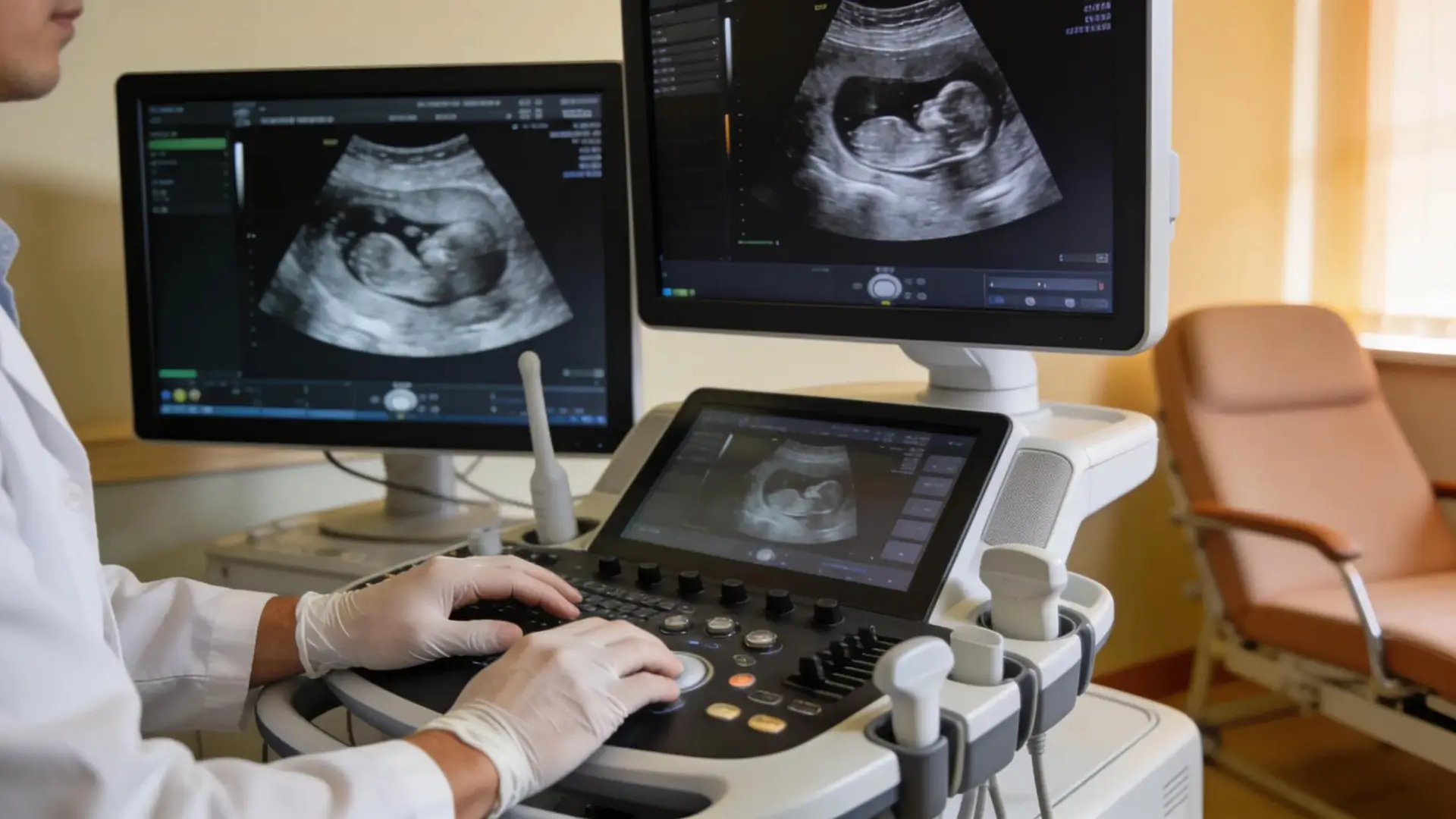 Advanced 3D ultrasound equipment capturing detailed fetal images during a session