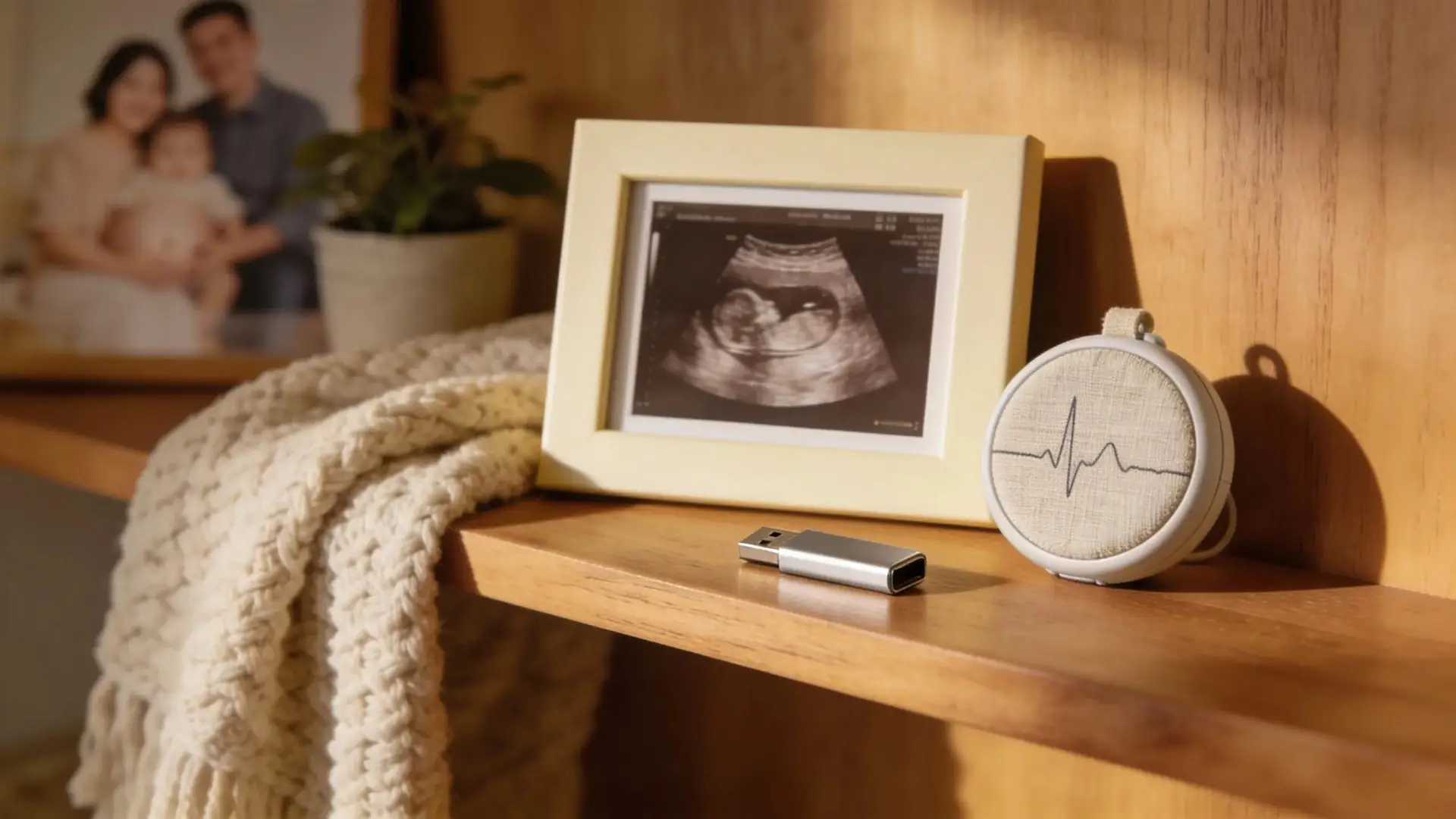 Ultrasound image in frame, heartbeat recording, and USB drive – Babies Bakery keepsake products