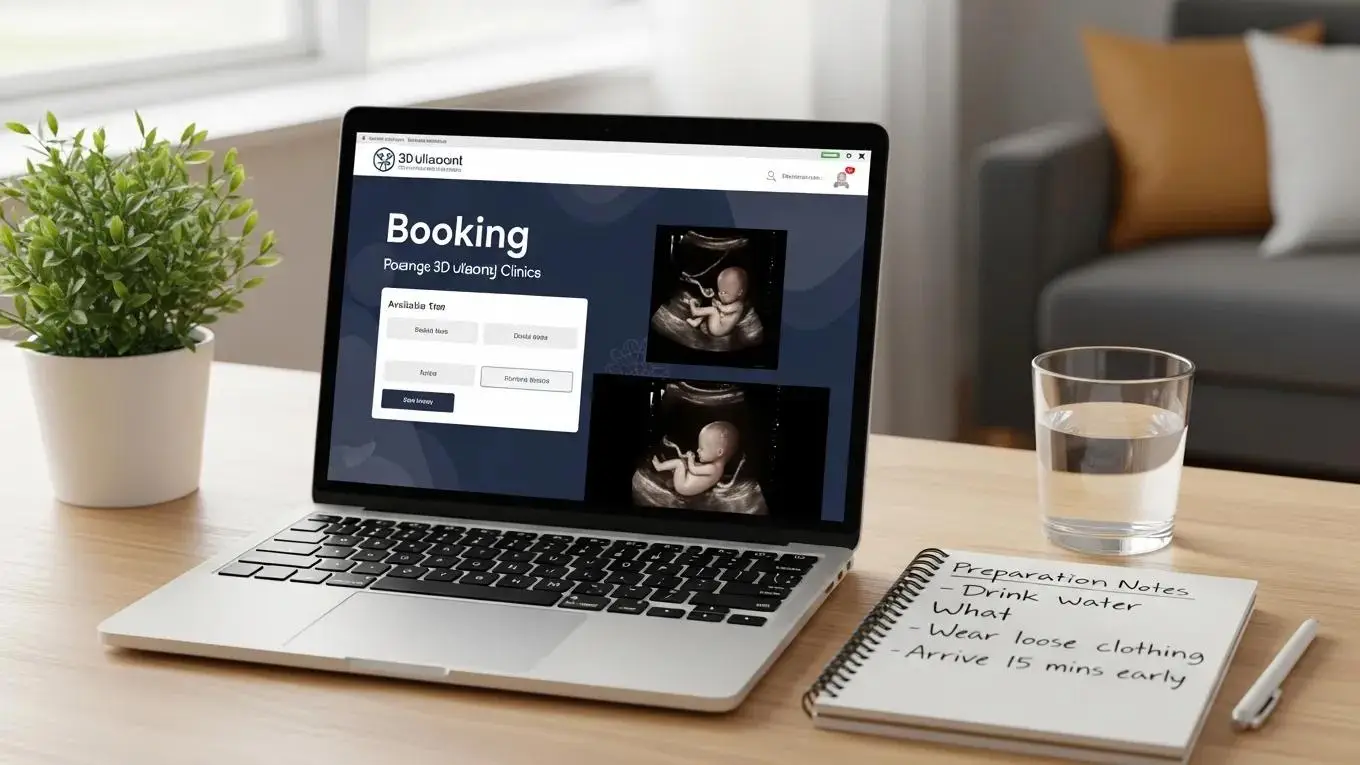 Laptop displaying a booking interface for 3D ultrasound clinics with fetal images, alongside preparation notes for an ultrasound appointment, including tips like drinking water and arriving early.
