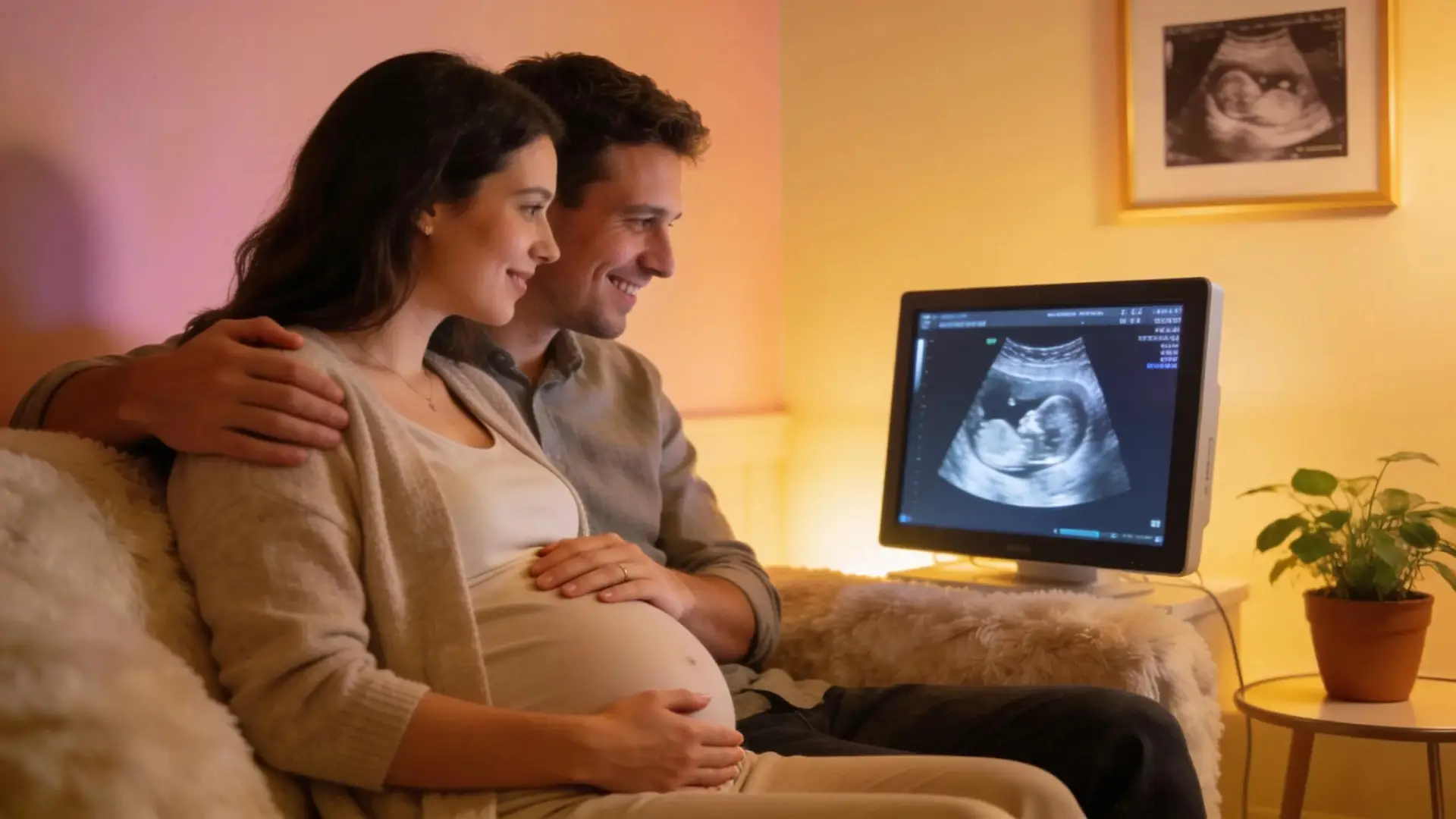 Expectant parents viewing a 3D ultrasound image of their baby in a cozy facility