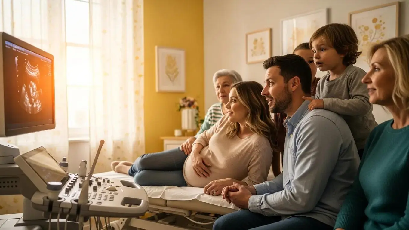 Expectant mother and family viewing 3D ultrasound image in cozy clinic setting, enhancing prenatal bonding.