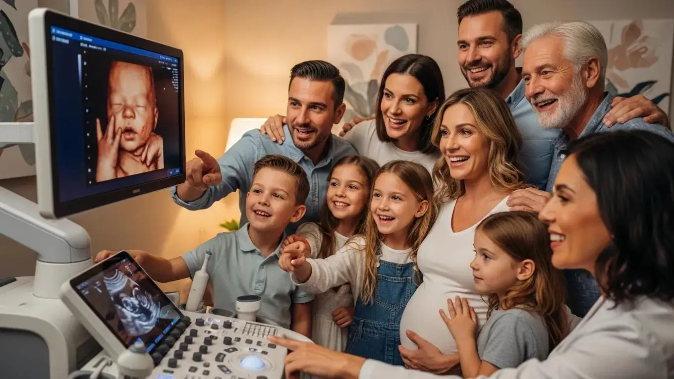 Family members bonding during a 3D ultrasound session with expectant parents and technician.